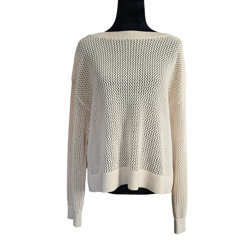 Quiet Luxury Boat Neck Open Knit Sweater Womens L Cream Boxy Coastal Minimalist